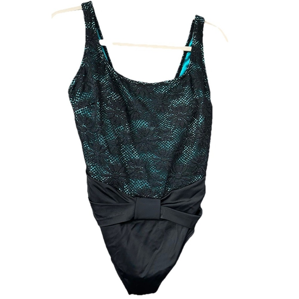 Longitude Womens Blue w/ Black‎ Crochet Daisies Overlay One Piece Swimsuit Sz 12